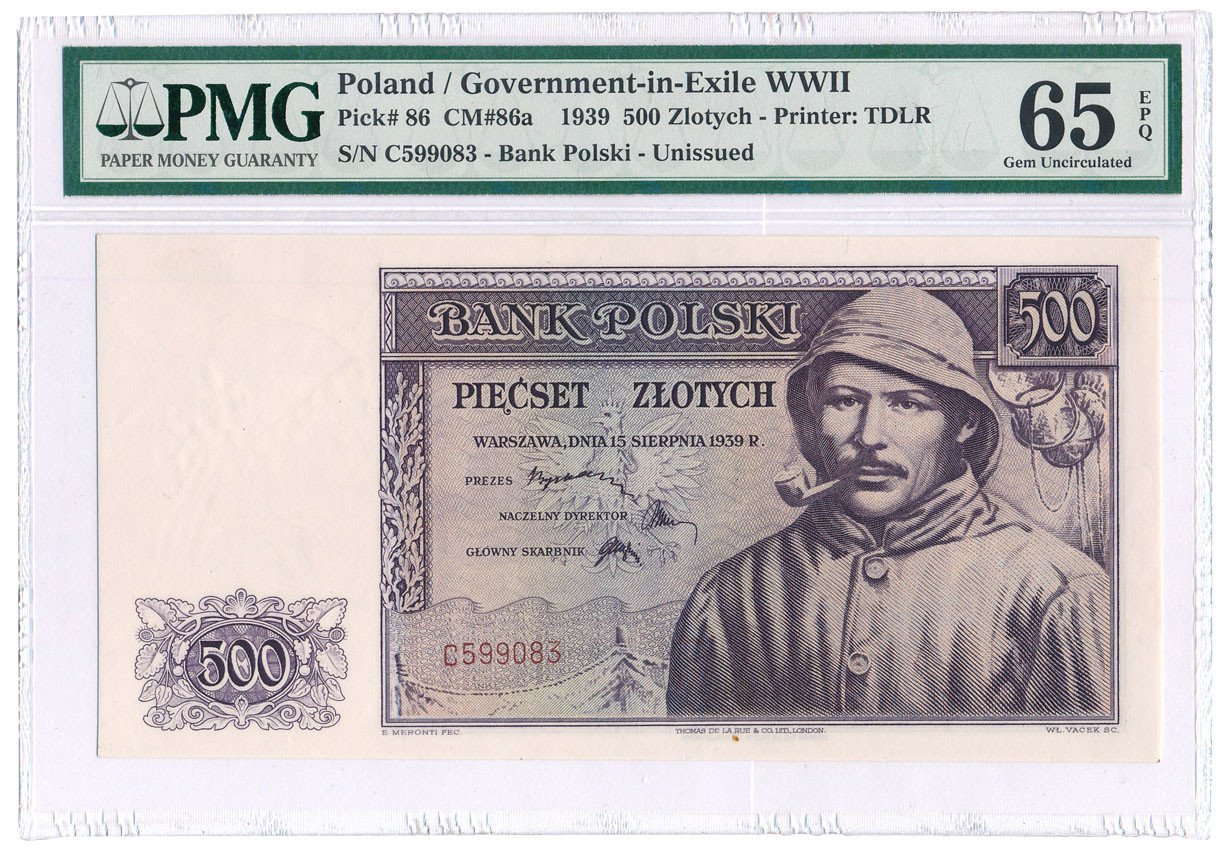 Banknot. Emigracja 500 złotych 1939 seria C PMG EPQ 65 RZADKOŚĆ R6